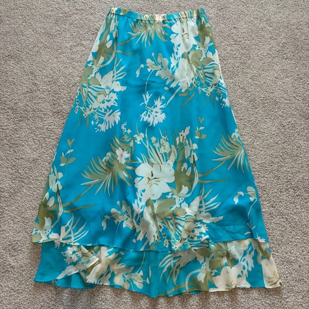Draper's & Damon's 100% Silk Skirt Womens 14 Blue Floral Tropical Tiered Midi